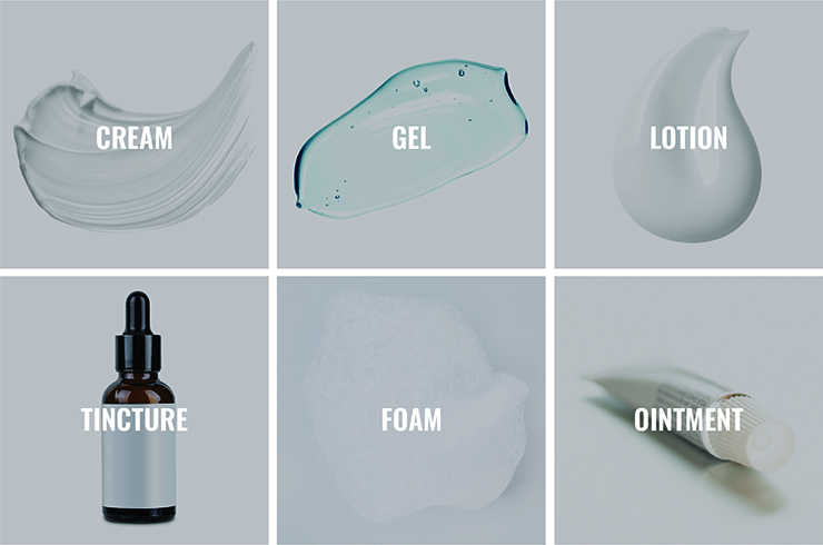 Topical drugs: Cream, Gel, Lotion, Tincture, Foam, Ointment